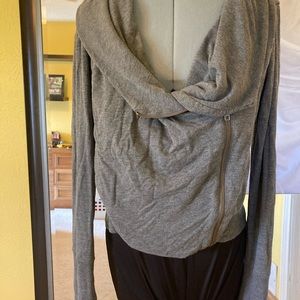Soft gray knit top with zip front and large collar